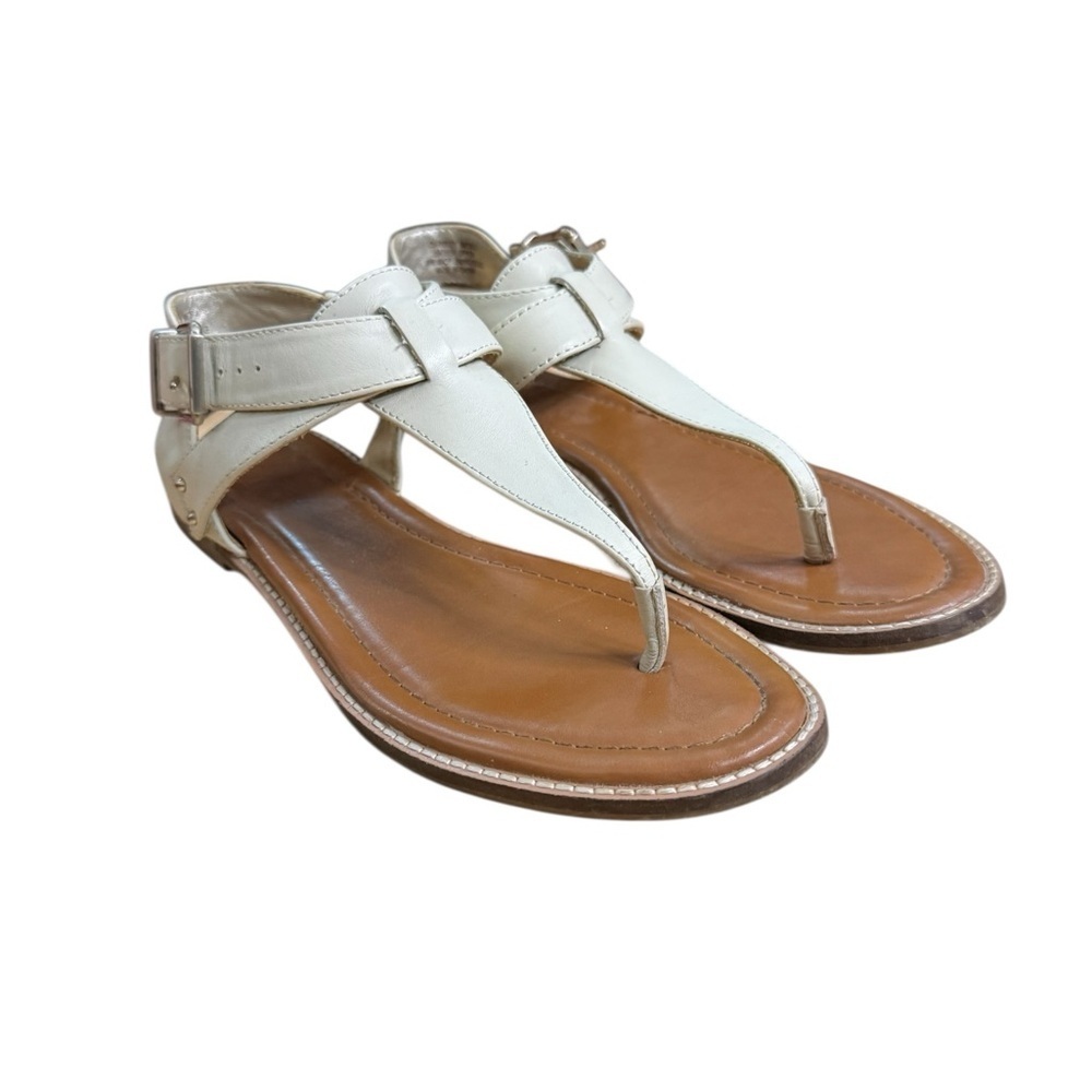 Crown Vintage Beige Off White Leather Sandals Paxley Silvertone Hardware Size 6